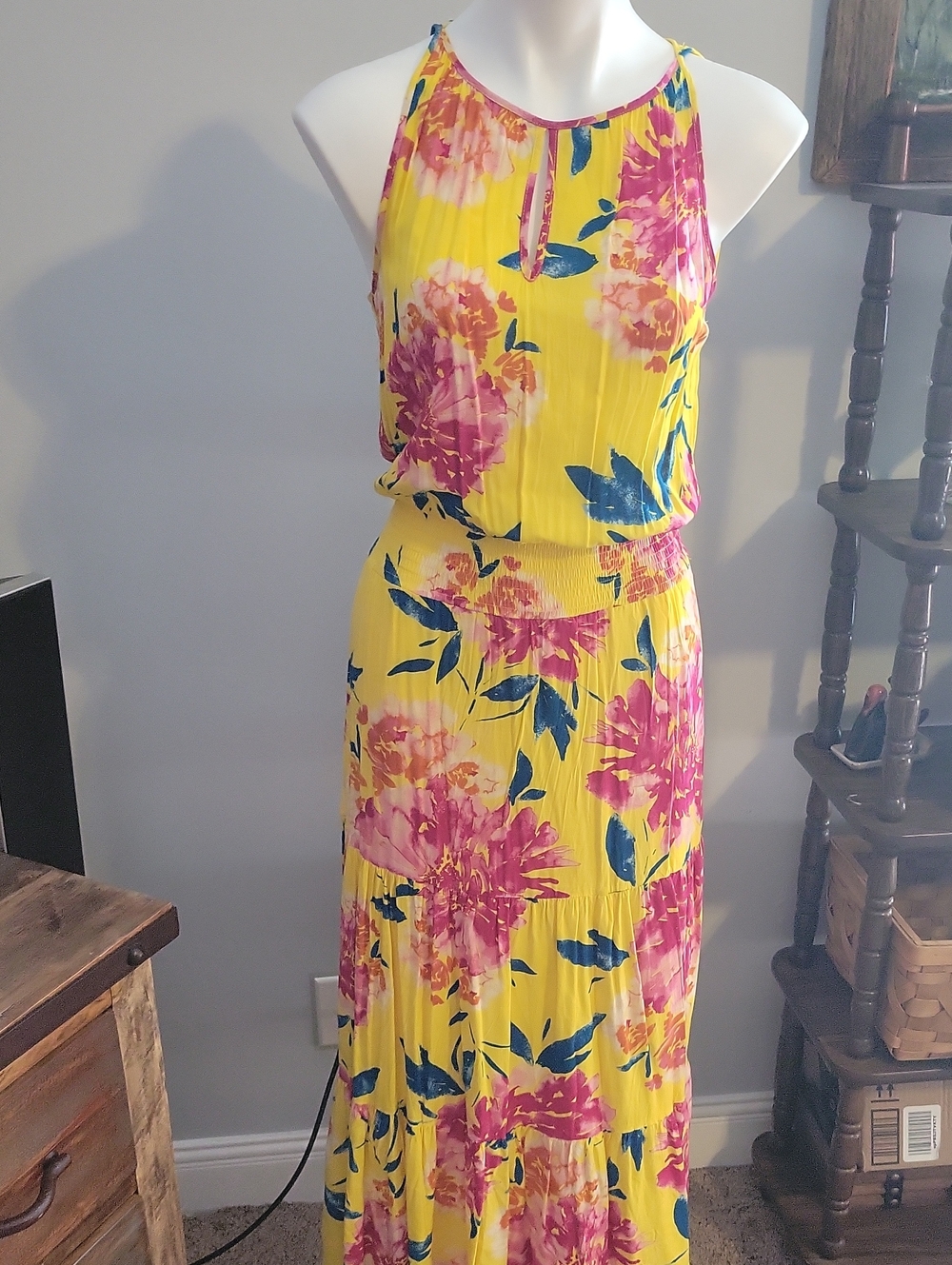 Allison Joy Yellow Maxi Dress with Pink Floral Print...size Small